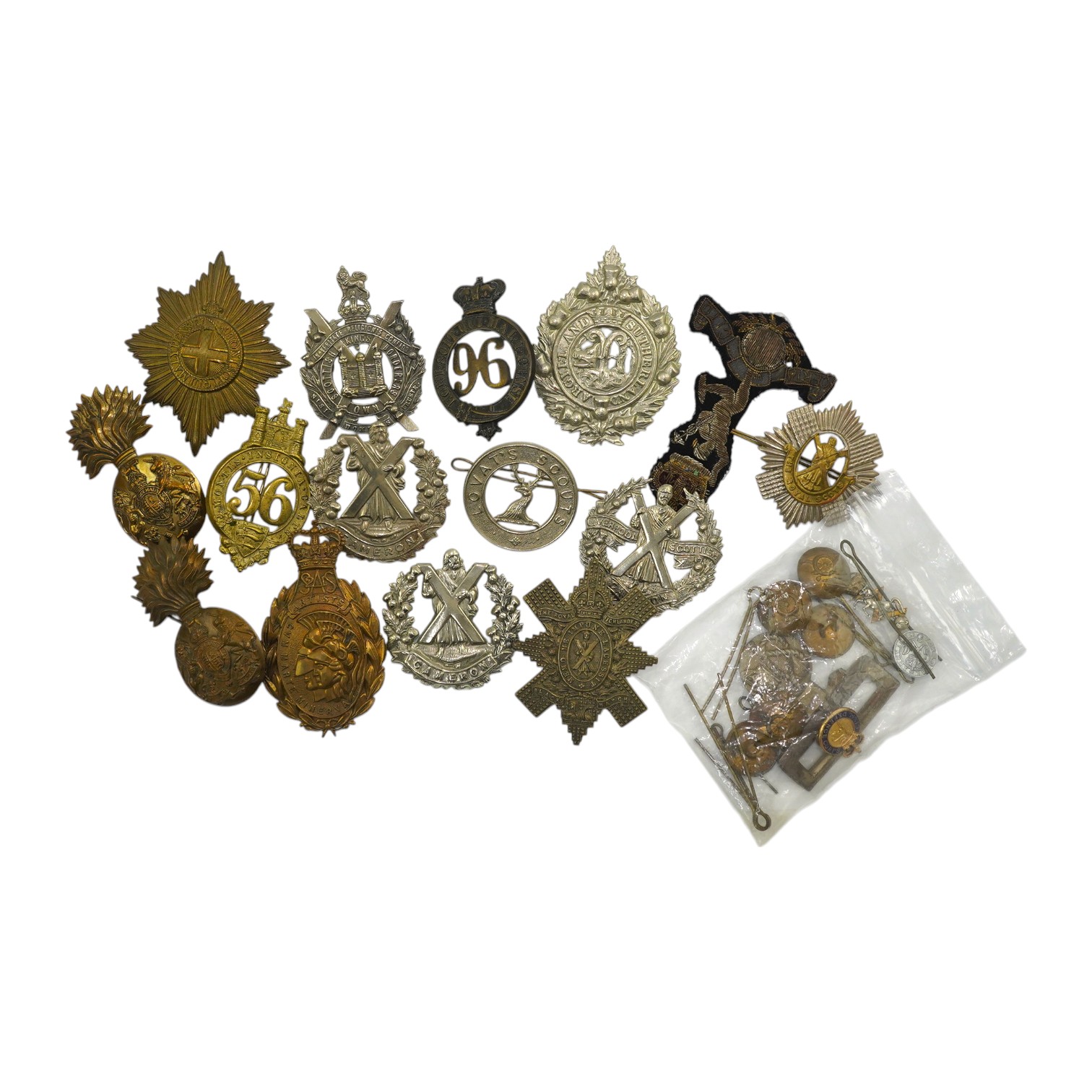 Fourteen Glengarry badges, cap badges, etc. including; 96th Regiment of Foot, Royal Scots Fusiliers, Coldstream Guards pouch badge, 21st SAS Artists Rifles, Cameron Highlanders, 56th West Essex Regiment, Argyle and Suthe